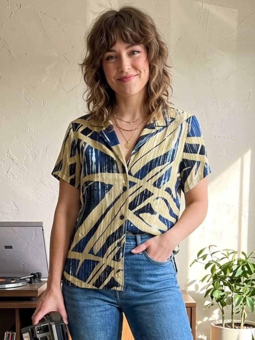 Jams World Wood Grove Navy Button Front Short Sleeve Top Medium